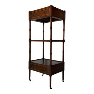 1970’s Vintage Mount Airy Three-Tier Walnut Etagere With Drawers & Brass Casters For Sale
