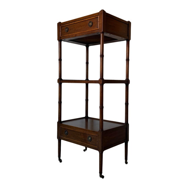 1970’s Vintage Mount Airy Three-Tier Walnut Etagere With Drawers & Brass Casters For Sale