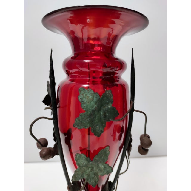 Ruby Red Murano Glass Vase with Iron Grape Vines attributed to Umberto Bellotto, 1930s For Sale - Image 7 of 11