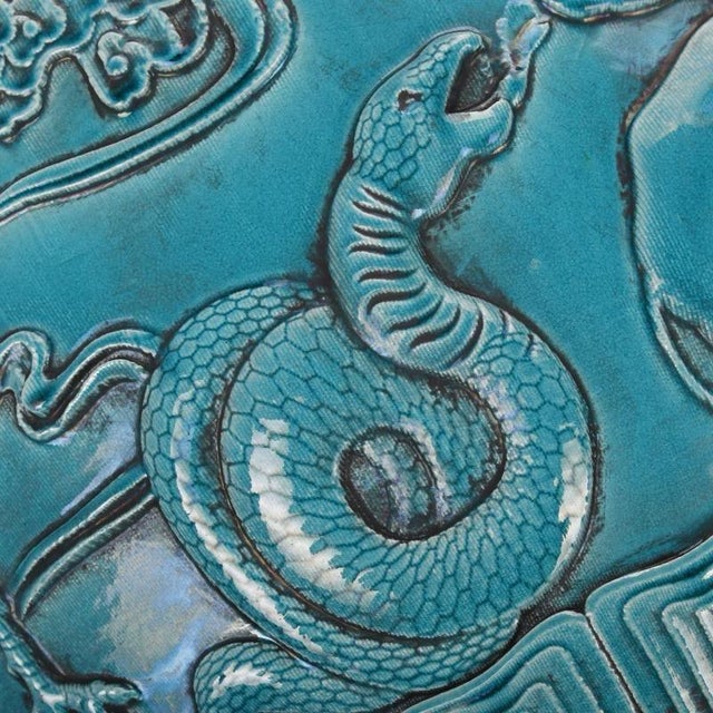 Early 21st Century Early 21st Century Jingdezhen Hand Carved Ceramic Turquoise Blue Planter With Zodiac Motif For Sale - Image 5 of 10