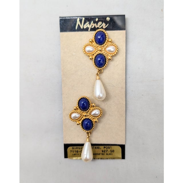Metal Vintage 1991 Napier Book Piece Faux-Lapis & Faux-Pearl Pierced Earrings- 2 Pieces For Sale - Image 7 of 7