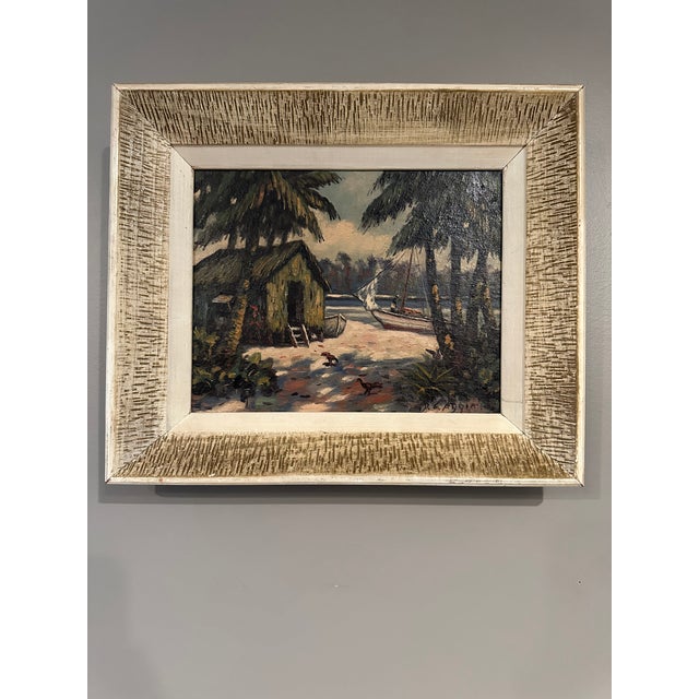 Terrific Signed Mid-Century Oil on Board with Original Mid-Century Wood Frame. Charming tropical scene featuring...