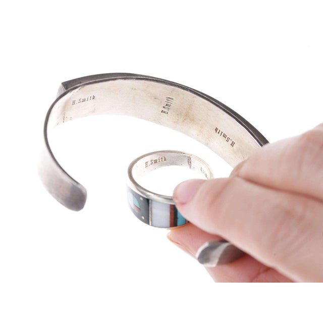 Metal Harold Smith Native American Sterling, turquoise, coral, Jet, and shell inlay Br For Sale - Image 7 of 10