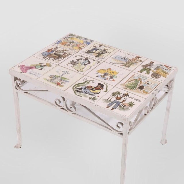 Antique Arts & Crafts Spanish Wrought Iron & Tile Top Table, Genre Scenes, 1930 For Sale - Image 6 of 18