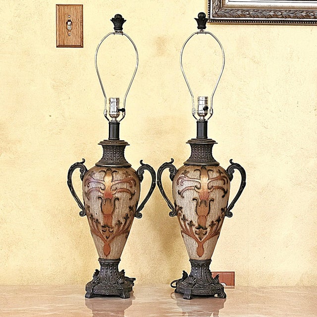 2000 - 2009 Pair of Vintage Neoclassical Urn Table Lamps With Decorative Fringe Shades For Sale - Image 5 of 18