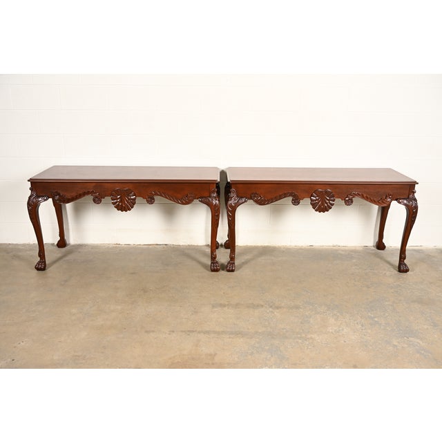 Baker Furniture Company Baker Furniture Georgian Carved Mahogany Consoles or Sofa Tables, Newly Refinished For Sale - Image 4 of 15
