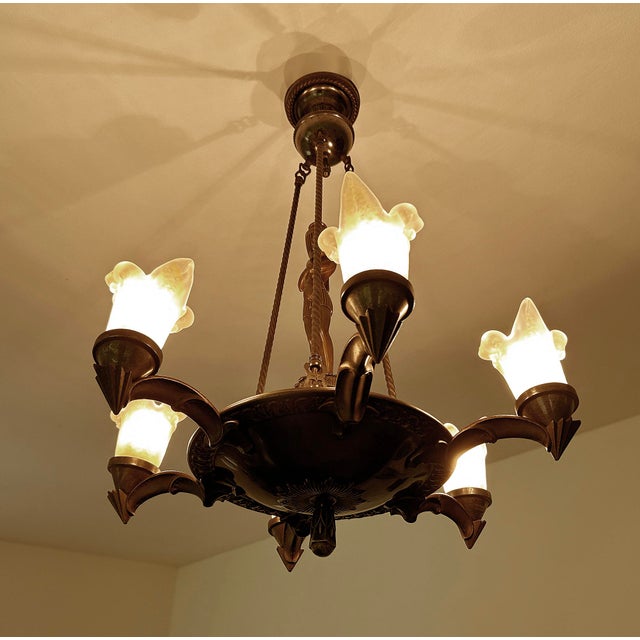 Large Art Deco Sculptural Chandelier in Bronze and Glass, 1930s For Sale - Image 10 of 18