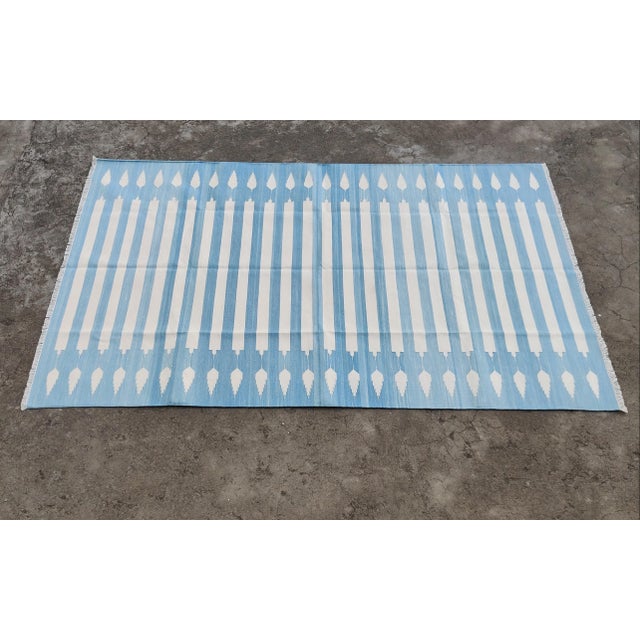 Handmade Cotton Natural Vegetable Dyed Reversible Blue and White Striped Rug - 10'x14' For Sale - Image 9 of 11