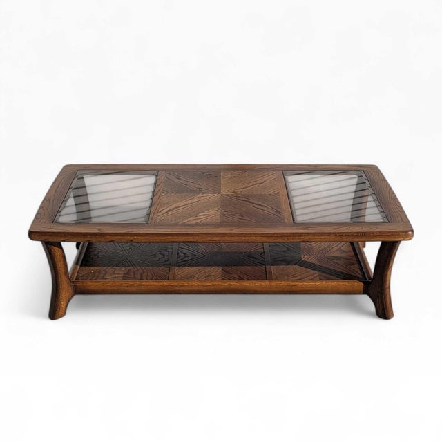 Mid 20th Century Smoked Glass and Oak Parquetry Coffee Table With Lower Shelf For Sale - Image 13 of 18