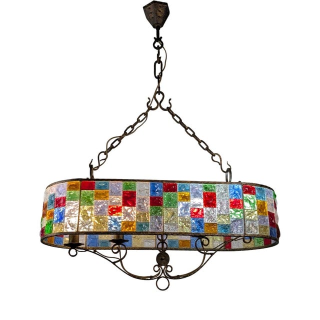 Large Italian Multicolor Hammered Glass and Wrought Iron Lamp, 1990s For Sale - Image 15 of 15