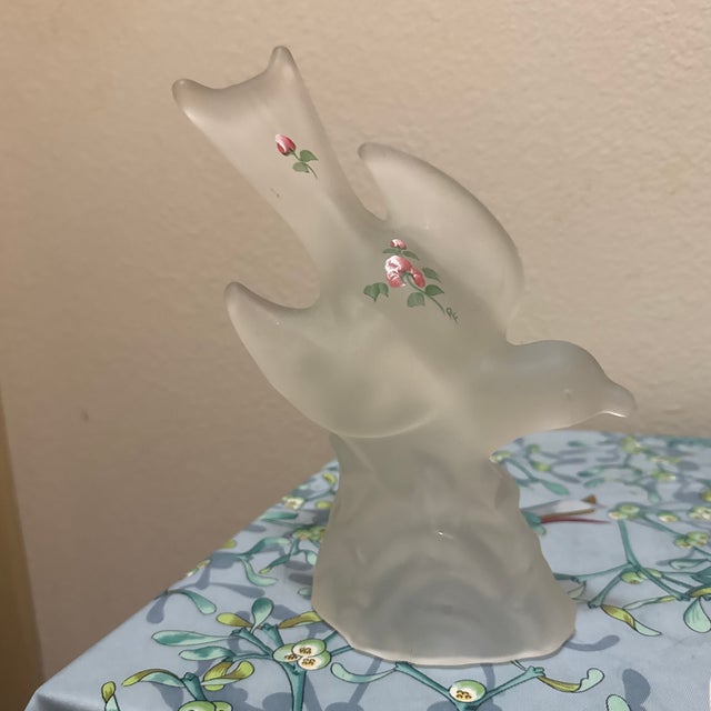 Vintage Le Smith Frosted Satin Glass Bird in Flight Dove Figurine Hand Painted Roses For Sale - Image 10 of 11