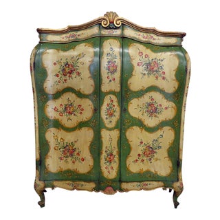 Early 20th Century Vintage Venetian Paint Decorated Bombe Armoire For Sale