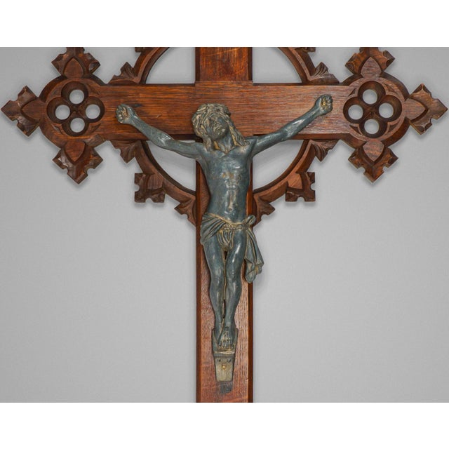Antique Neo-Gothic Carved Oak Crucifix with Bronzed Spelter Corpus Christi, 19th Century For Sale - Image 3 of 7