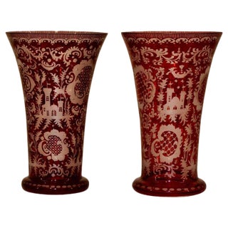 Bohemian Flashcut Cranberry Glass Vases - a Pair For Sale