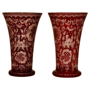 Bohemian Flashcut Cranberry Glass Vases - a Pair