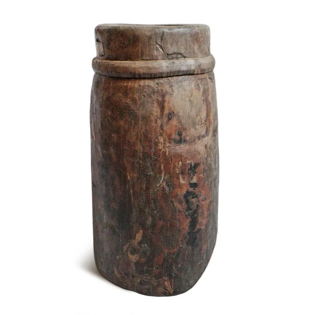 Antique wood carved butter churn pot from North India. Originally used in the villages to store grain and/or make yogurt...