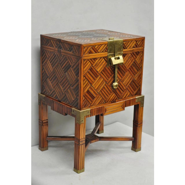 Vintage Chinese Teak & Bamboo Campaign Chest Side Table on Base Stand by Furniture Classics Ltd with Brass Hardware and...