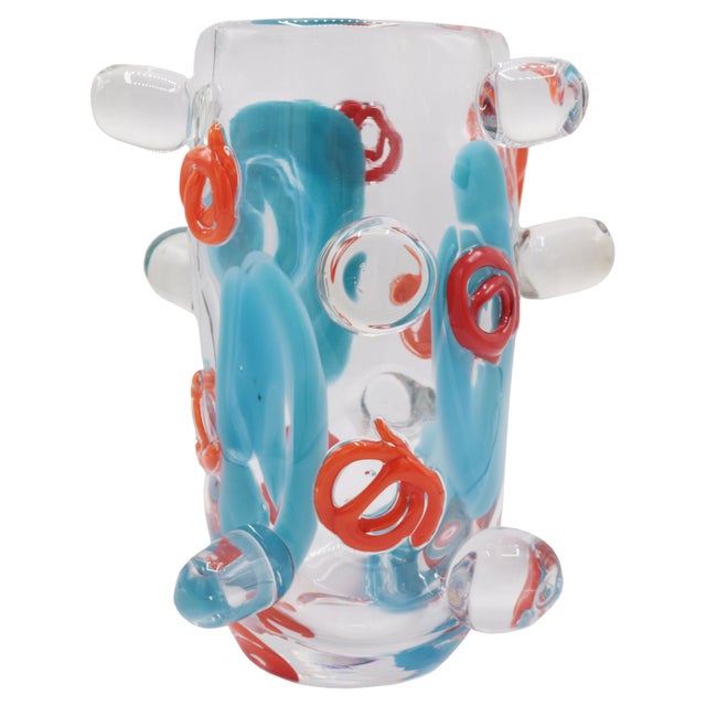 Limited edition art glass vase by Martin Postch. Clear glass with clear glass prunts and orange applied swirls. Etched...