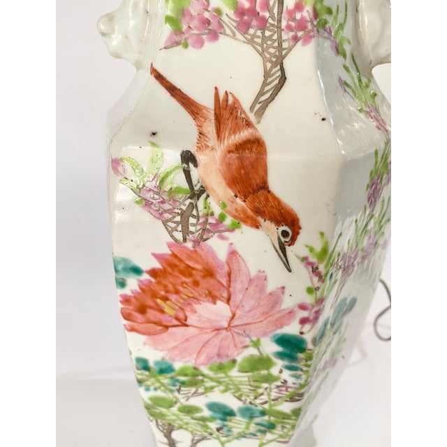 Vase, table lamp, in Porcelain. It has been made in china, Circa 1880. The decorative pattern are Birds, and leaves. Wear...