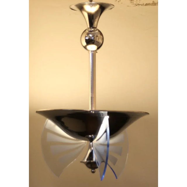 Vintage Art Deco Chromed Pendant Light with Blue Glass by Henri Petitot for Atelier Petitot, 1930s For Sale - Image 6 of 11