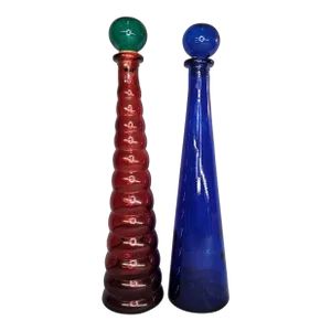 1980s Art Deco Red & Blue Spain Decanter Set Beehive Ribbed Bubble Bottles with Stopper - Set of 2