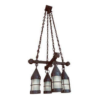 4 Lantern Arts and Crafts Wrought Iron Fixture With Original Frosted Glass Cylinder Shades, Circa 1910 For Sale