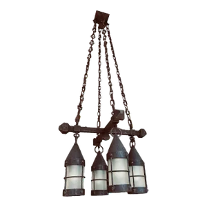 4 Lantern Arts and Crafts Wrought Iron Fixture With Original Frosted Glass Cylinder Shades, Circa 1910