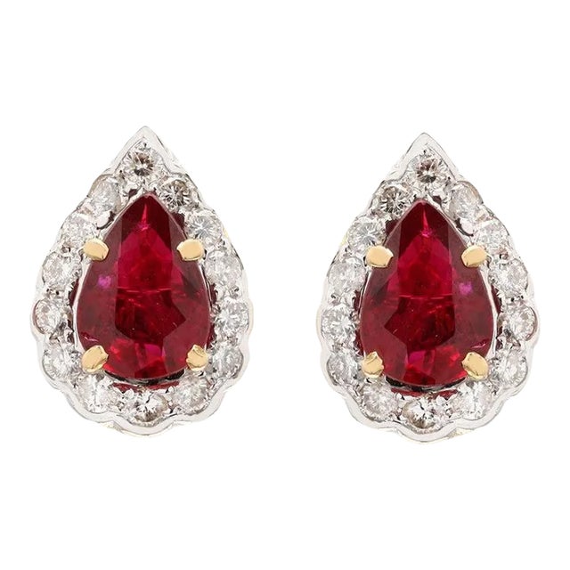 18k Yellow Gold Art Deco 1.3ct Ruby & Diamond Stud Earrings- A Pair For Sale
