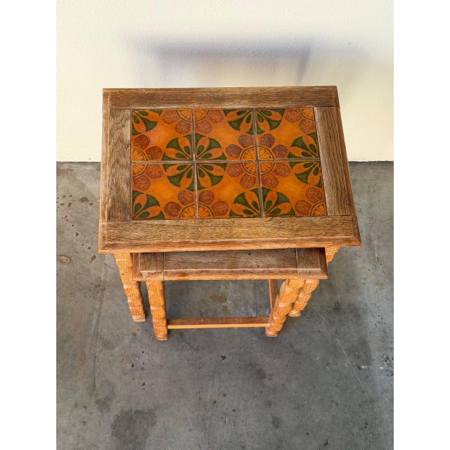 Wood Vintage Danish Oak Nesting Tables With Decorative Tile Inlays For Sale - Image 7 of 9
