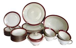 1920s Moritz Zdekauer Raspberry and Gold Porcelain Czechoslovakia Dinnerware Set of 28 Pieces