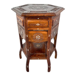 Vintage Syrian Hexagonal Walnut and Bone Inlay Hand -Carved Center of End Table For Sale