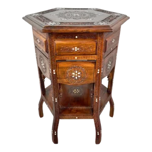 Vintage Syrian Hexagonal Walnut and Bone Inlay Hand -Carved Center of End Table