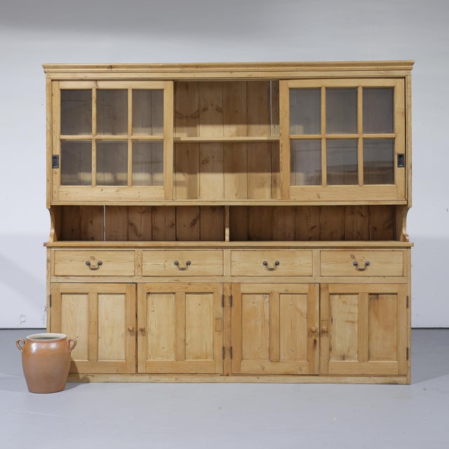 Massive Antique Pine Glazed Dresser With Sliding Doors | Circa 1880 For Sale - Image 4 of 13