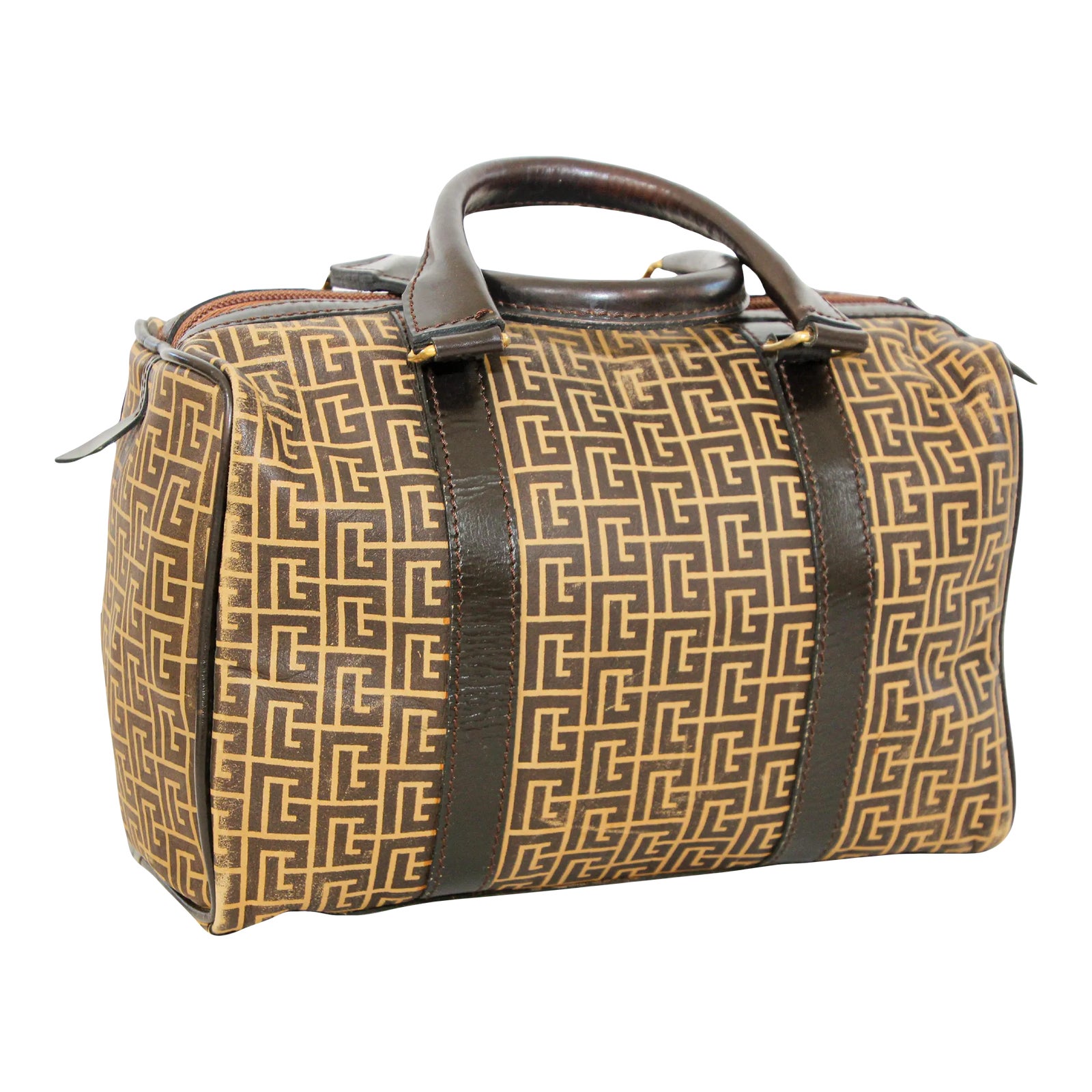 Pierre Balmain Paris Brown Leather & Coated Canvas Geometric