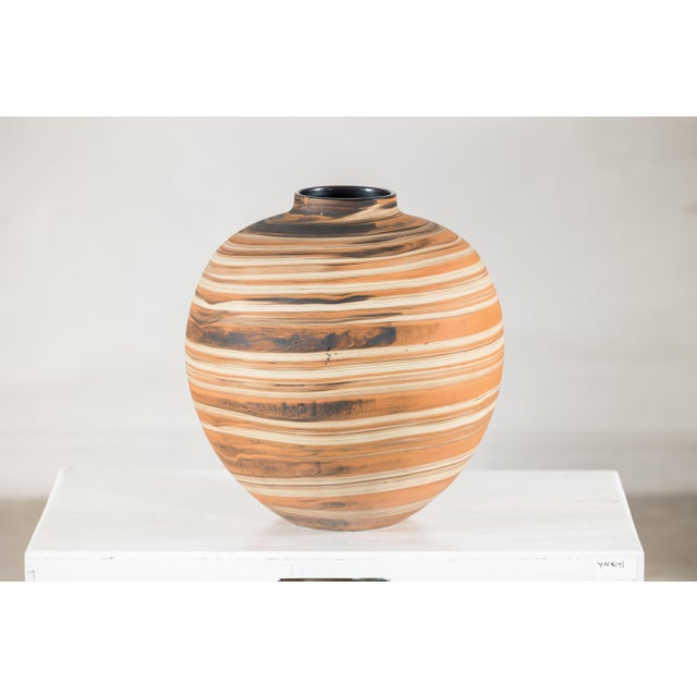 Artisan Hand-Thrown Ceramic Vase with Layered Earth-Tone Slip Decoration For Sale - Image 17 of 18