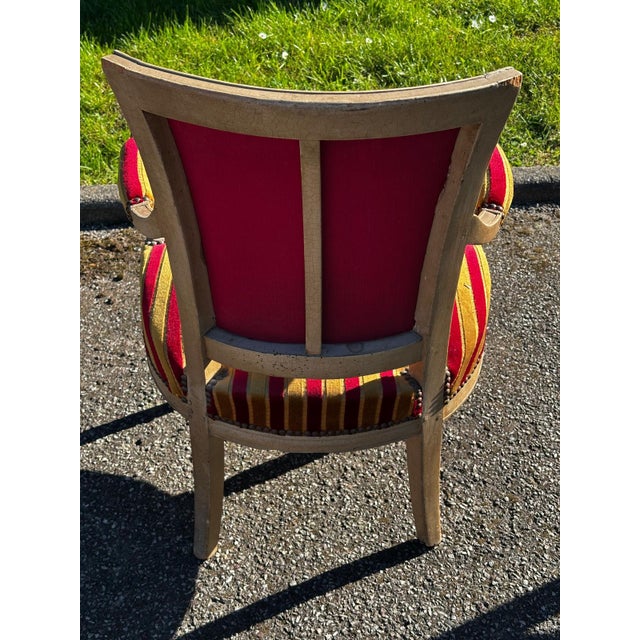 Louis XVI Cabriolet Armchair in Patinated Wood and Striped Velvet For Sale - Image 12 of 15