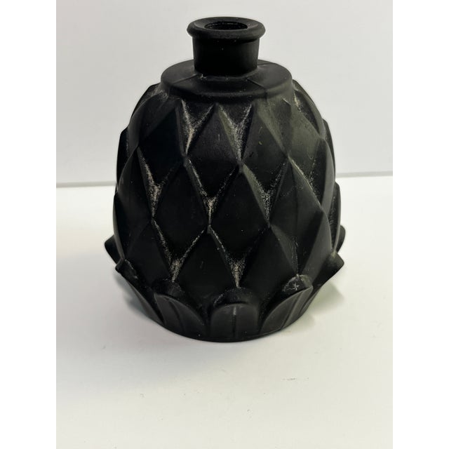 Marvelous vintage French artichoke perfume bottle with lid. Black glass marked Made in France on the bottom.