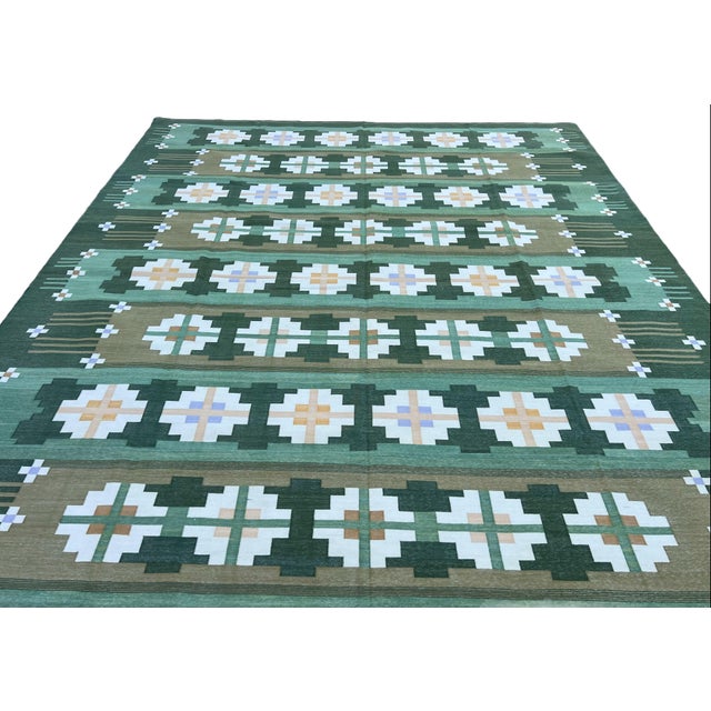 Forest Green Handmade Cotton Rug, Natural Vegetable Dyed Green and Cream Geometric Rug - 10'x14' For Sale - Image 8 of 11