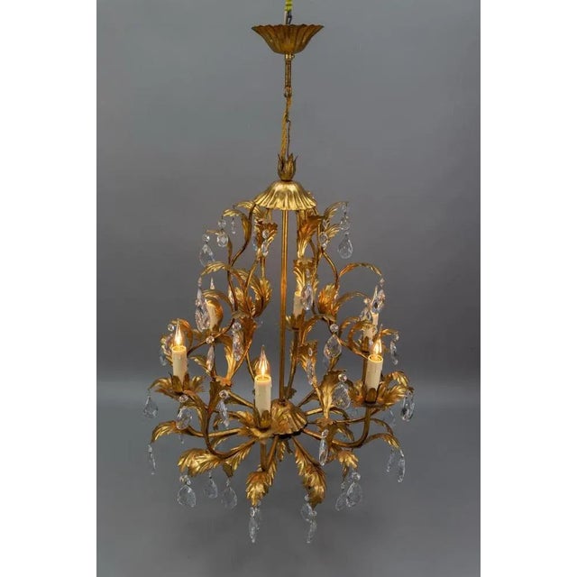 Hollywood Regency Style Gilt Metal and Crystal Glass Six-Light Chandelier, Italy For Sale - Image 16 of 18
