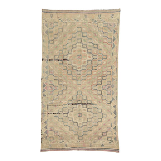 Mid 20th Century Faded Vintage Embroidered Kilim Rug For Sale