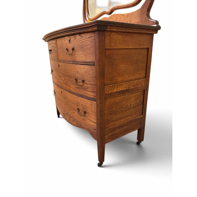 American Antique American Quarter-Sawn Oak Serpentine Dresser With Wishbone Mirror For Sale - Image 3 of 11