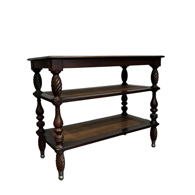 Baker Furniture Company Vintage Baker Milling Road British Colonial Style Three-Tier Stand With Cane Shelves For Sale - Image 4 of 12