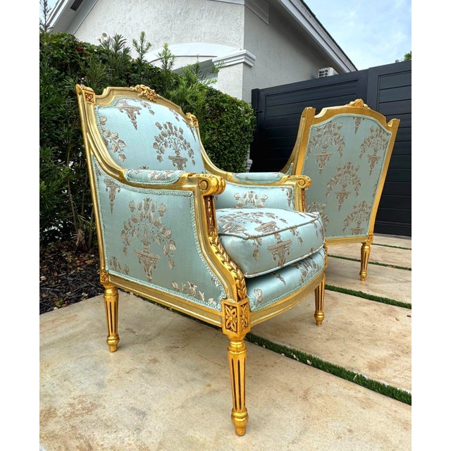 French Louis XV Style Blue-Green Bergere Wing Chair Set of 2 With Gold Leaf Details For Sale - Image 9 of 10