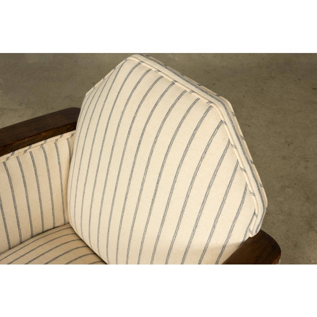 Off-white Pair of 1930s French Art Deco Oak Lounge Chairs in Blue Striped Fabric For Sale - Image 8 of 17