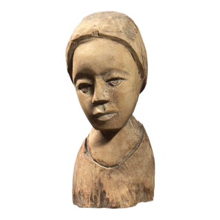 Vintage Folk Art Hand Carved Female Portrait With Headwrap Sculpture For Sale