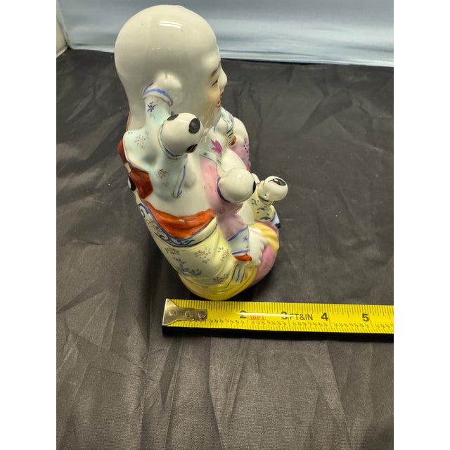 Ceramic Chinese Republic Famille Rose Porcelain Laughing Buddha 5 Children 6.5” Vintage For Sale - Image 7 of 9