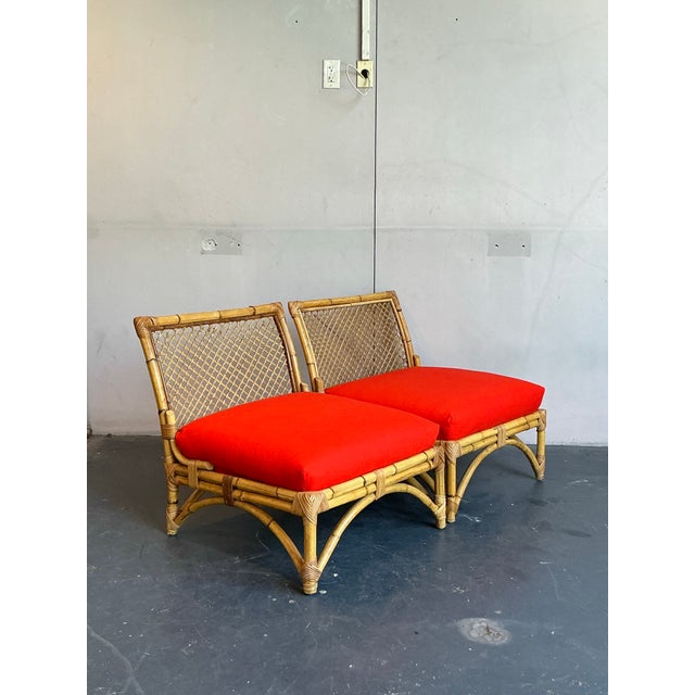 Khaki Vintage Coastal Trellis Rattan Slipper Chairs - A Pair For Sale - Image 8 of 10