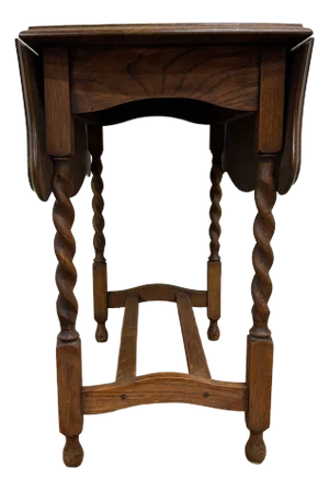 Antique Golden Oak Drop Leaf Jacobean Barley Twist Side Table Occasional Table