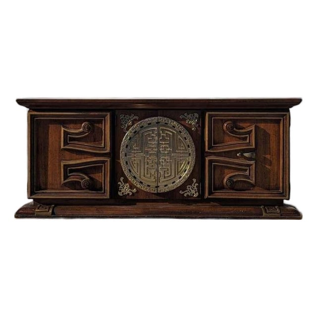 1970s Wood and Brass Lowboy Credenza With Geometric Paneled Front For Sale