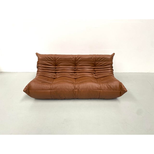 French Togo 3-Seater Sofa in Dark Cognac Leather attributed to Michel Ducaroy for Ligne Roset For Sale - Image 9 of 13